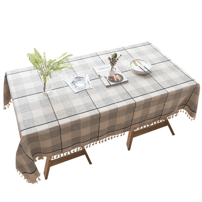 

New Classic Plaid Decorative Linen Tablecloth With Tassel Waterproof Oilproof Rectangular Wedding Table Cover Dining Table Cloth