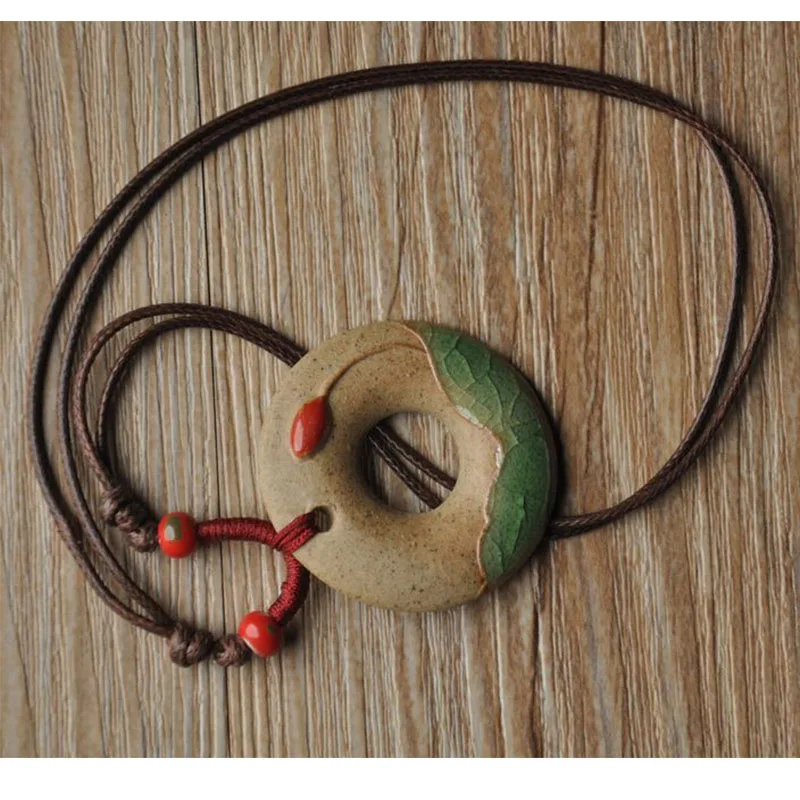 

Long Pendants Necklace For Women Ethnic Ceramic Hollow Circles Painted Lotus Necklaces Charm Choker Sweater Chains Adjustable
