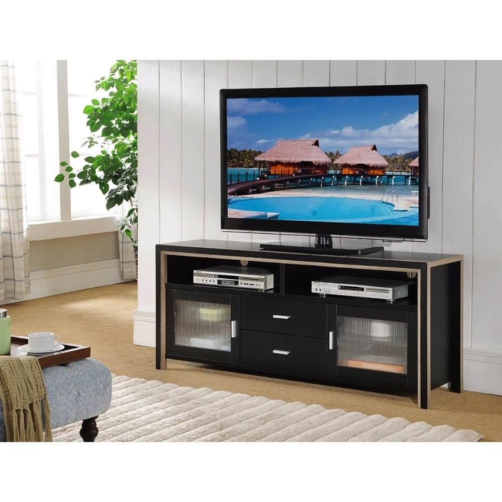Stylish Two Tone TV Stand Frosted Cabinets, Black and Brown