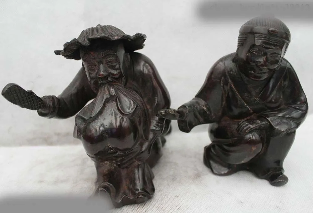 

7"China Chinese Folk Bronze Lucky grandfather grandmama hit Grandson Statue