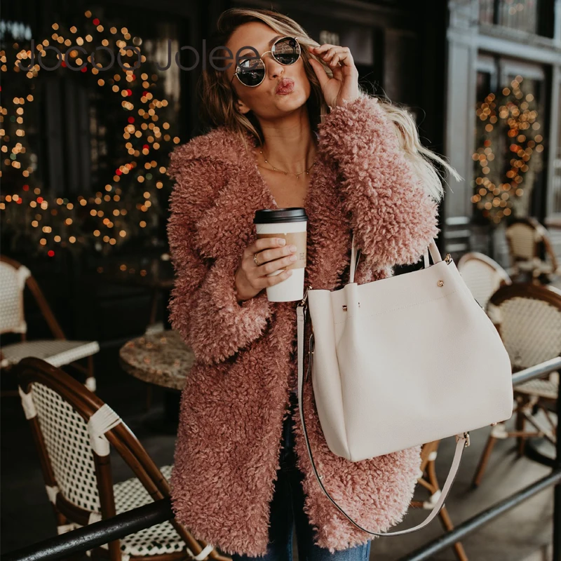 Женское винтажное пальто размера плюс из искусственного меха, зимняя куртка-бомбер, Тренч с длинным рукавом, шерстяное плюшевое пальто, розовое пальто, верхняя одежда макси размера