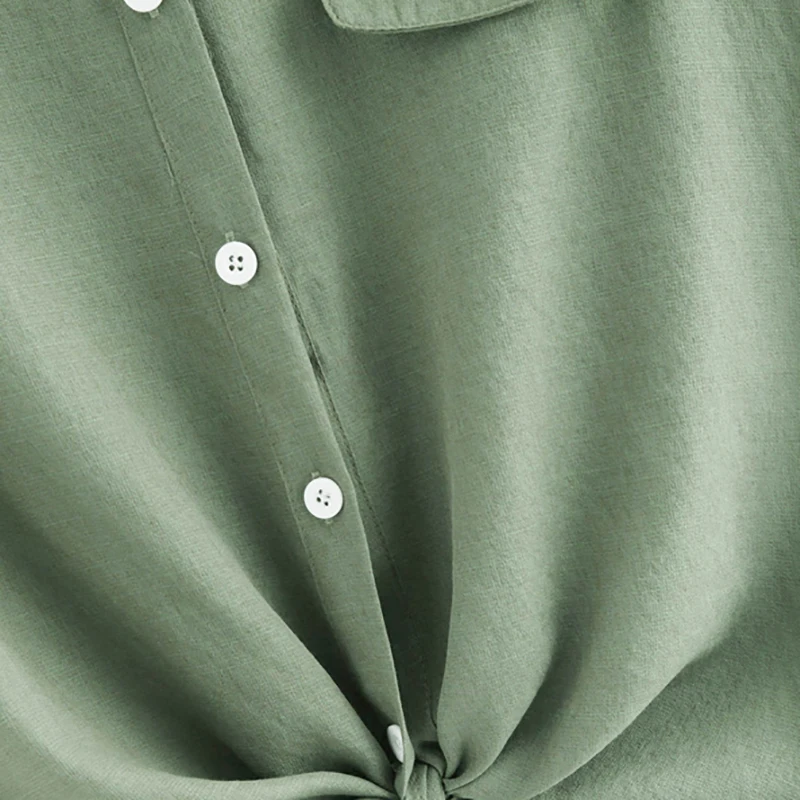 Dotfashion, свернутая манжета, пуговица, завязанная кромка, рубашка, Женские топы и блузки, летние топы для женщин, Повседневная Блузка с коротким рукавом