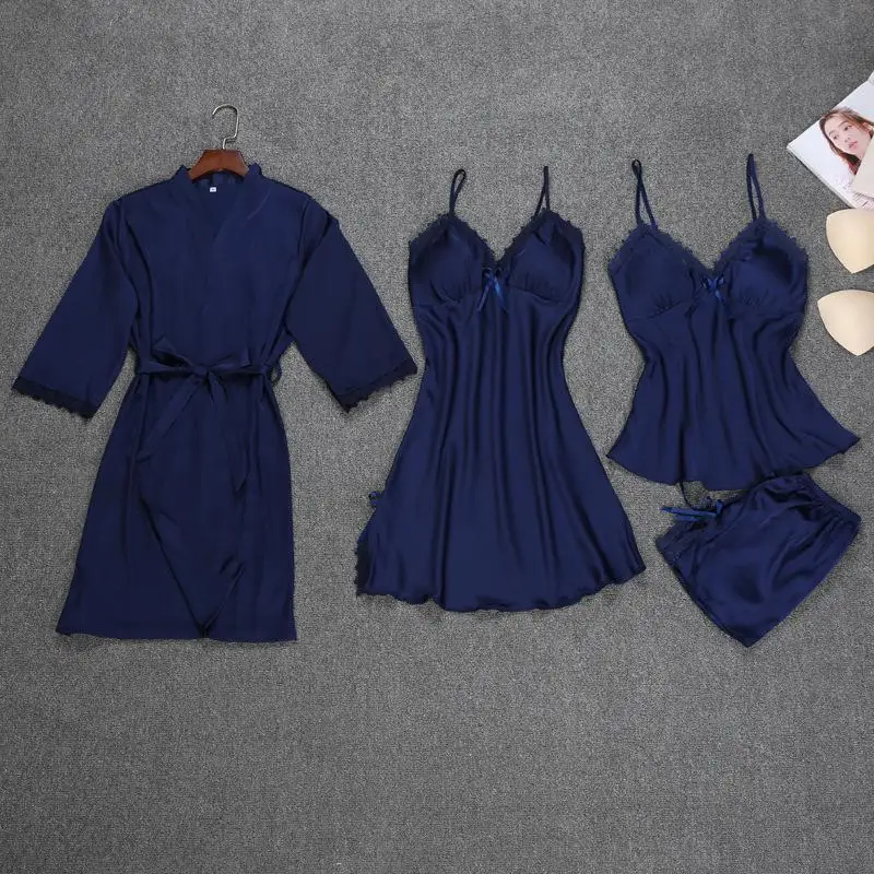 Весенний сексуальный халат, кимоно, комплекты для сна, женские 4 штуки, ремень, топ, брюки, костюм, Повседневная Домашняя одежда пижамы, ночное белье, банное платье, M-2XL - Цвет: Синий