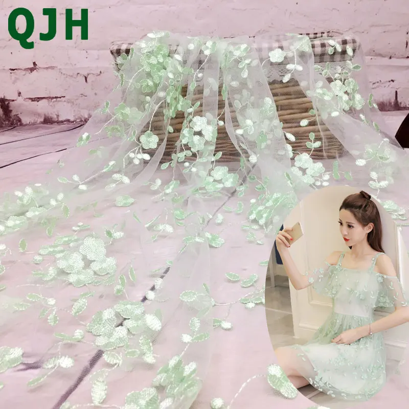 

QJH brand New Arrives Light green Fine Embroidery French Lace Fabric Clothing Lace cloth For Princess dress