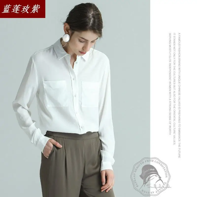 

Long sleeve simple pocket silk shirts blouses womens fashion white shirt spring and autumn slim temperament silk blouse female