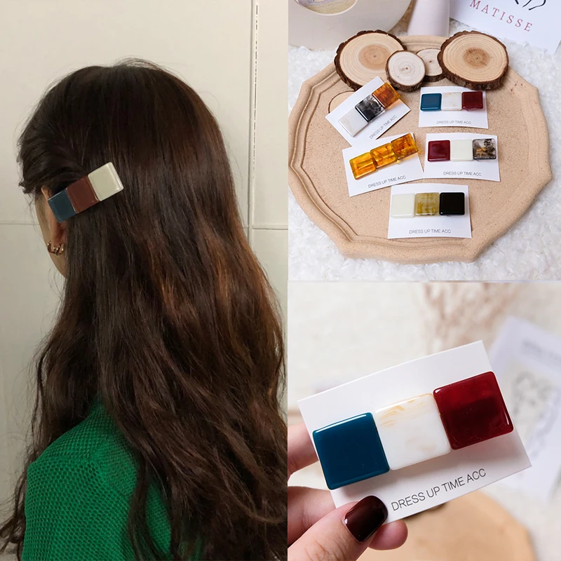 Корейские Модные Цветные полимерные заколки, Геометрические Квадратные заколки для волос для женщин и девушек, аксессуары для волос