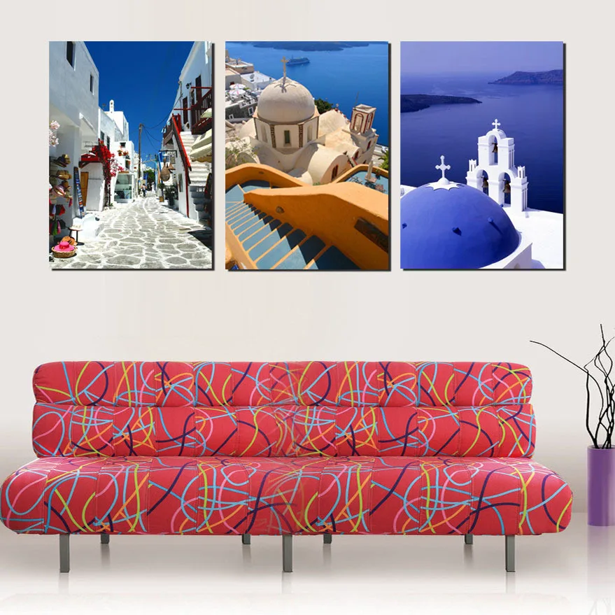 3 Piece Unframed Wall Hanging Pictures Greece Santorini Island Scenery