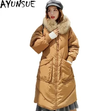 Корейская новая зимняя свободная пуховая куртка с капюшоном для женщин, удлиненное пуховое пальто, парки с воротником из натурального меха енота Chaqueta Mujer ST346