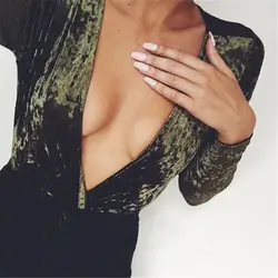 Сексуальная Женская Клубная одежда глубокий v-образный вырез длинный рукав комбинезон на молнии сзади сплошной облегающий тонкий