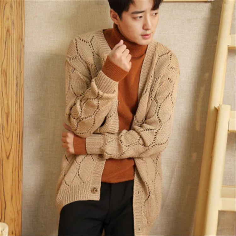  100%hand made pure wool Vneck knit men fashion solid hollow out slim single breasted cardigan sweat