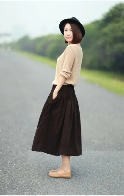 Literature Plus Size Style Corduroy Skirt Mid-length Vintage Loose A-line Type Skirt Elastic Waist Pleated Bubble Long Skirt 3