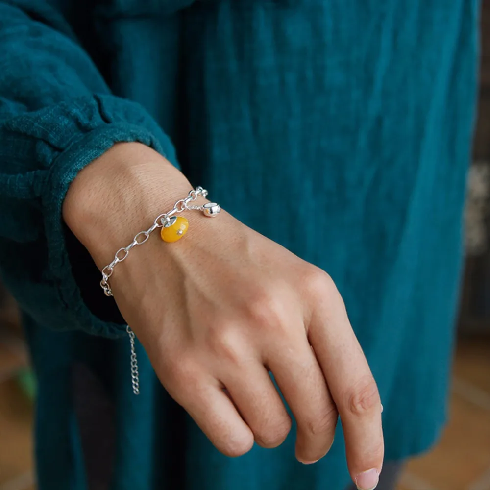 Lotus Fun Real 925 Sterling Silver Natural Amber Handmade Fine Jewelry Vintage Cute Teapot Bracelets for Women Bijoux