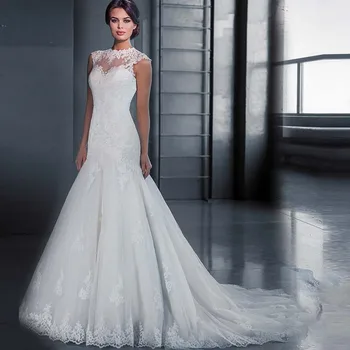 

White Mermaid Wedding Dresses Fancy Bodice Sexy Perfect High Collar Strapless Court Train Appliques Bridal Dresses Plus Size