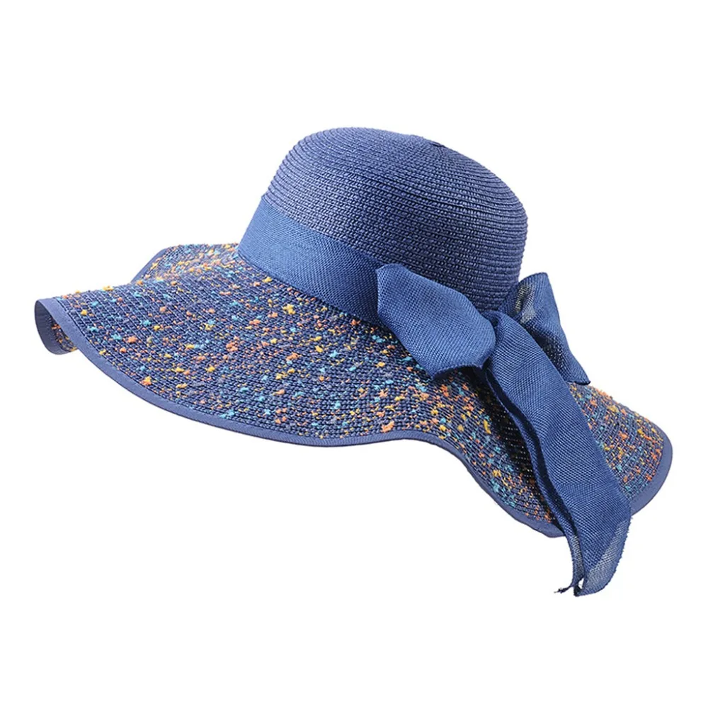 المرأة طوي قبعة من القش المرن كبير Bowknot واسعة حافة الشاطئ قبعة واقية من الشمس أزياء جديد أزياء جديد