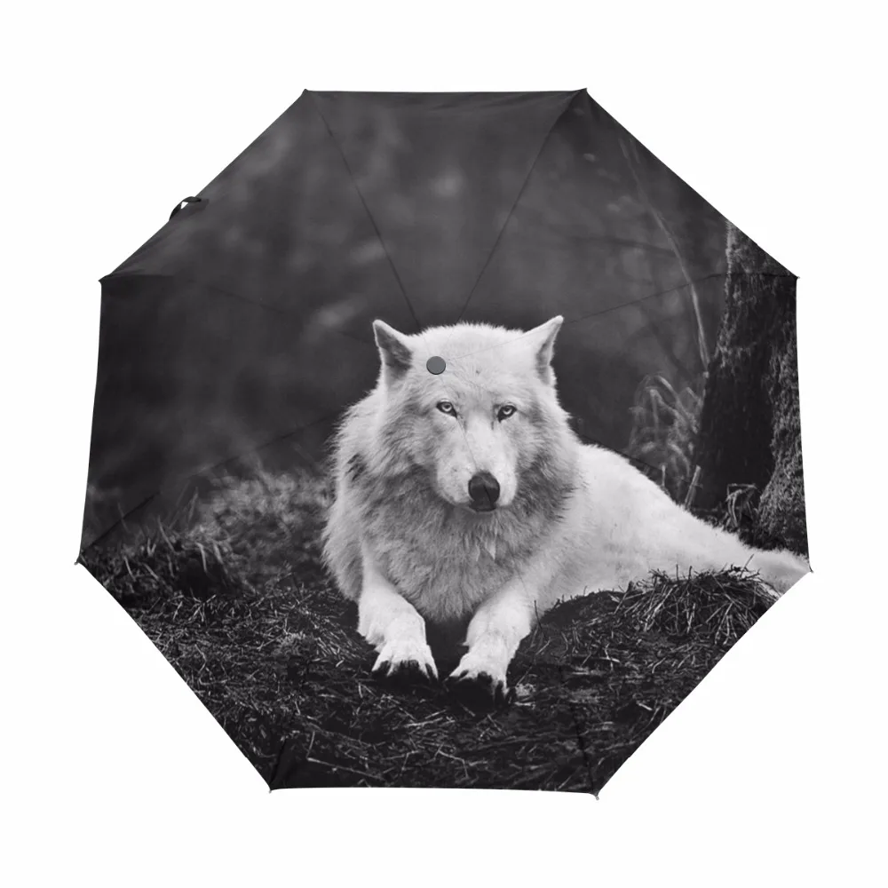 

Wolf Printed Automatic Umbrella Rain Women Wind Resistant Three Folding Umbrella Parapluie Anti-UV Inside Black Coating Parasol