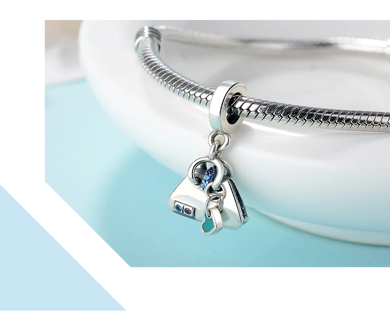 Strollgirl 925 Серебро голубой эмалью Подвески-сумочки проложить синий CZ Бусины Fit Европейский браслет для женщин DIY ювелирные изделия