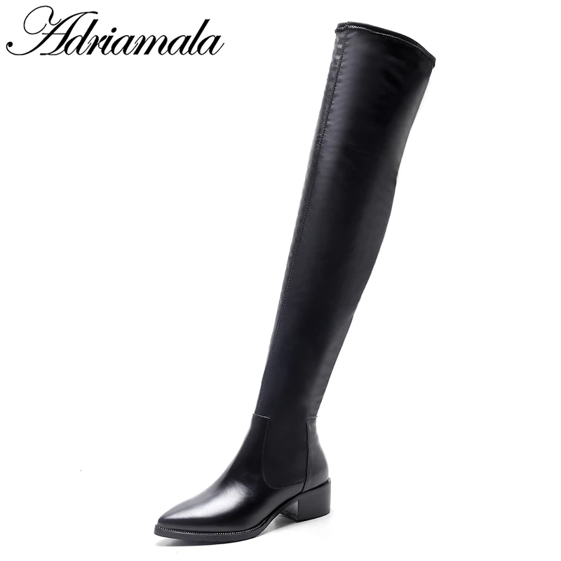 2018 Genuine Leather Ladies High Heel Boots Over The Knee Pointed Toe Square Heel Cow Leather Women Long Black Boots Adriamala цена 2018 Genuine Leather Ladies High Heel Boots Over The Knee Pointed Toe Square Heel Cow Leather Women Long Black Boots Adriamala цены онлайн