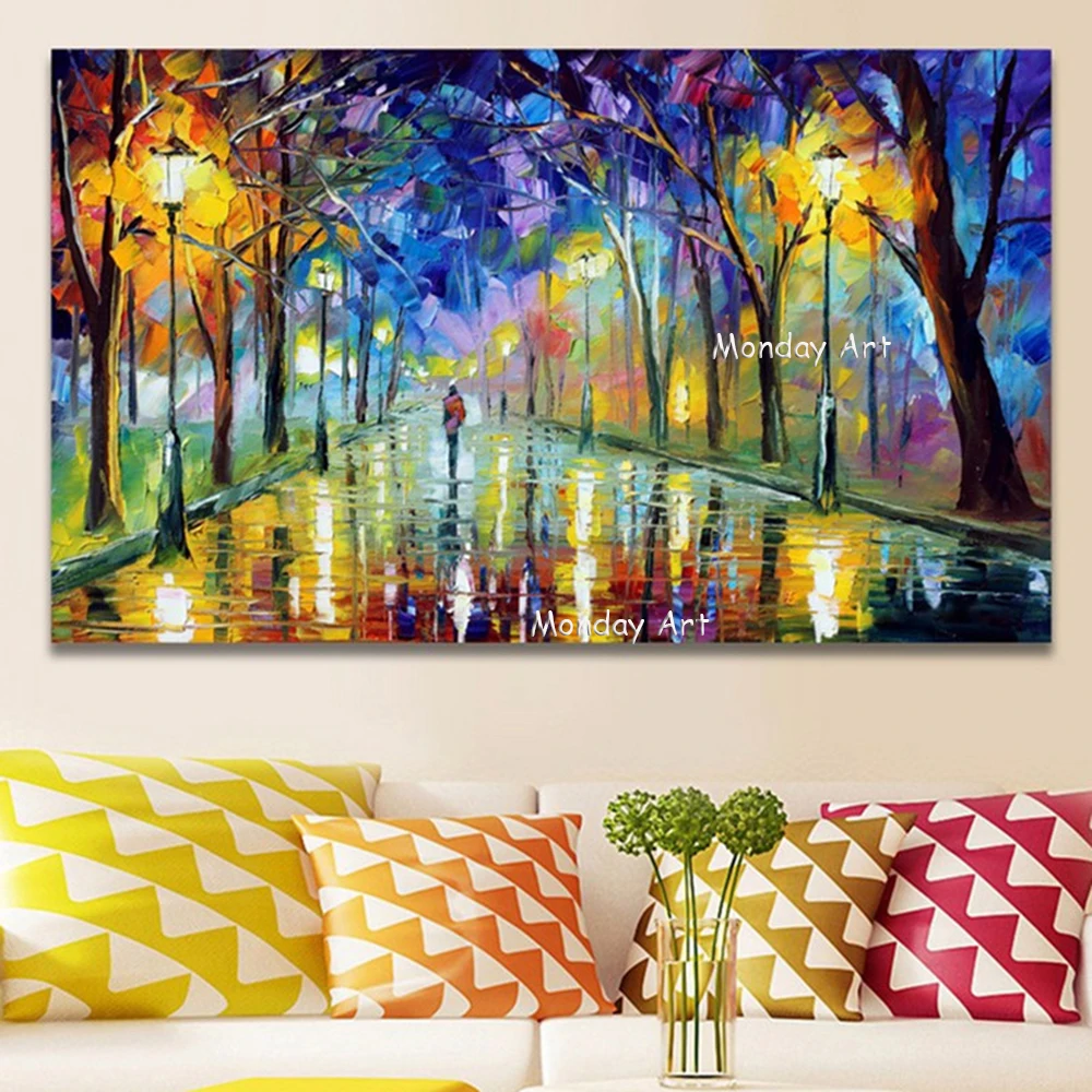 

100% Hand Painted Romantic Rainy Street Oil Painting Canvas pictures Christmas Gift Modern Abstract Knife Landscape Wall Artwork