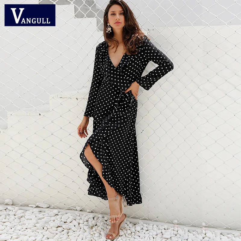 Vangull النساء فستان مكشكش السيدات أنيقة اللباس غير النظامية طويلة فساتين 2019 جديد الصيف مثير الخامس الرقبة كم طويل دوت طباعة اللباس