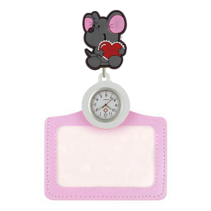 Мода 2 в 1 мультфильм животных мягкой резины медсестры выдвижной карманные часы для женщин бейдж доктора катушка имя карты часы