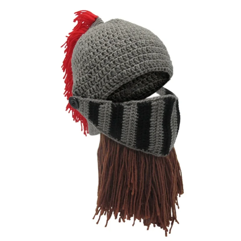 outdoor Windproof cap Red Tassel Cosplay Roman Knight Knit Helmet Men Caps Original Handmade