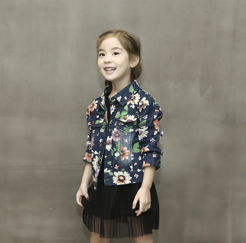 

[Bosudhsou.] JH-33 Children Clothing Kids Jacket All-match Floral coat Full Printing Flower Girls Washed Denim Jackets Outfits