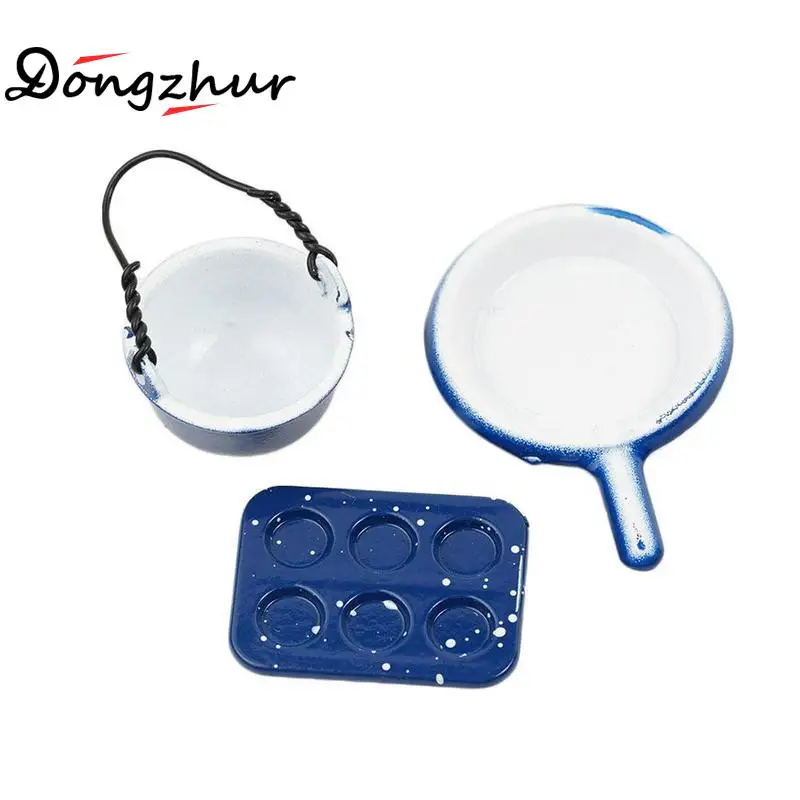 

Dongzhur 3pcs/set Blue Mini Alloy Cookware Handle Pot Frying Pan Plate Set Miniature 1:12 Dollhouse Kitchen Cookware Accessories