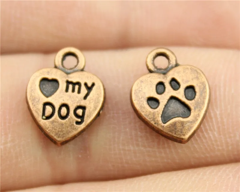 

10pcs 13x10mm Antique Copper Color Paw And I Heart My Dog Heart Charms