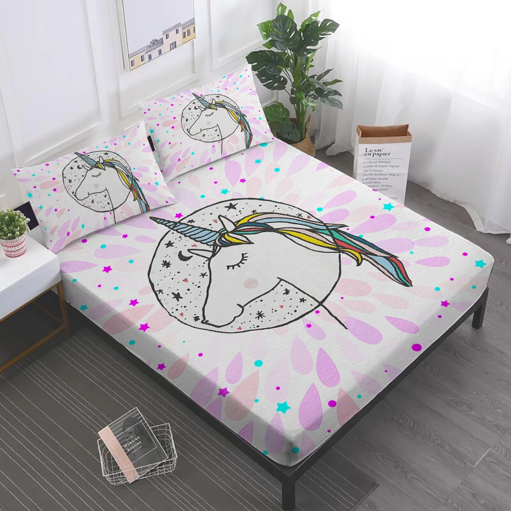 Colorful Unicorn Sheet Set Girls Sweet Cartoon Bed Sheet Unicorn Decor