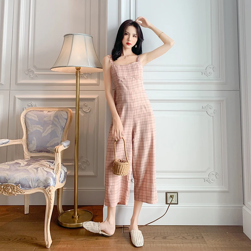 

2019 Summer New Women's Plaid Jumpsuit Drape Sling Wide Leg Pants Female High Waist Casual Nine Loose Jumpsuit