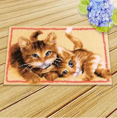 

3D Latch Hook Rug Kits DIY Needlework Unfinished Crocheting Rug Yarn Cushion Mat Playful Cats Handicraft Embroidery Carpet Rug
