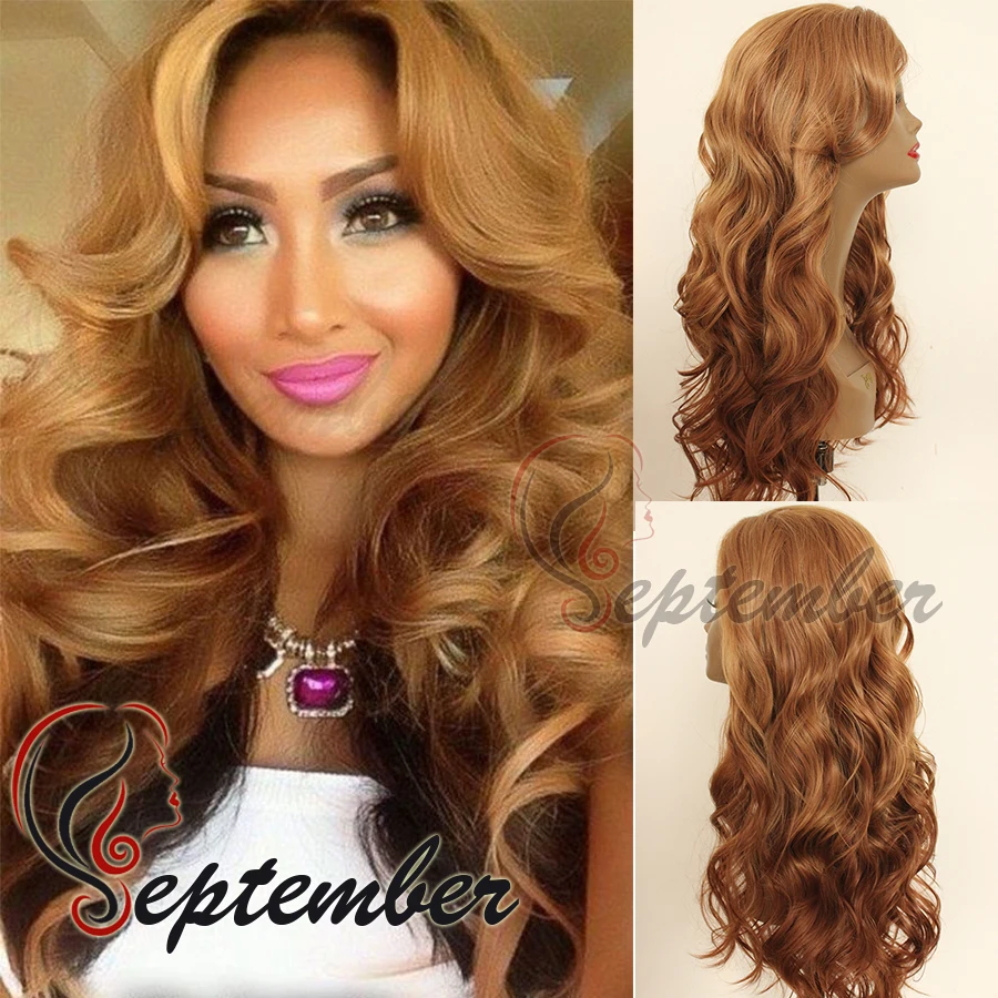 

New Synthetic Lace Front Hair Wig Women Long Highlight Brown Body Wavy Synthetic Wigs Heat Resistant Female Wigs