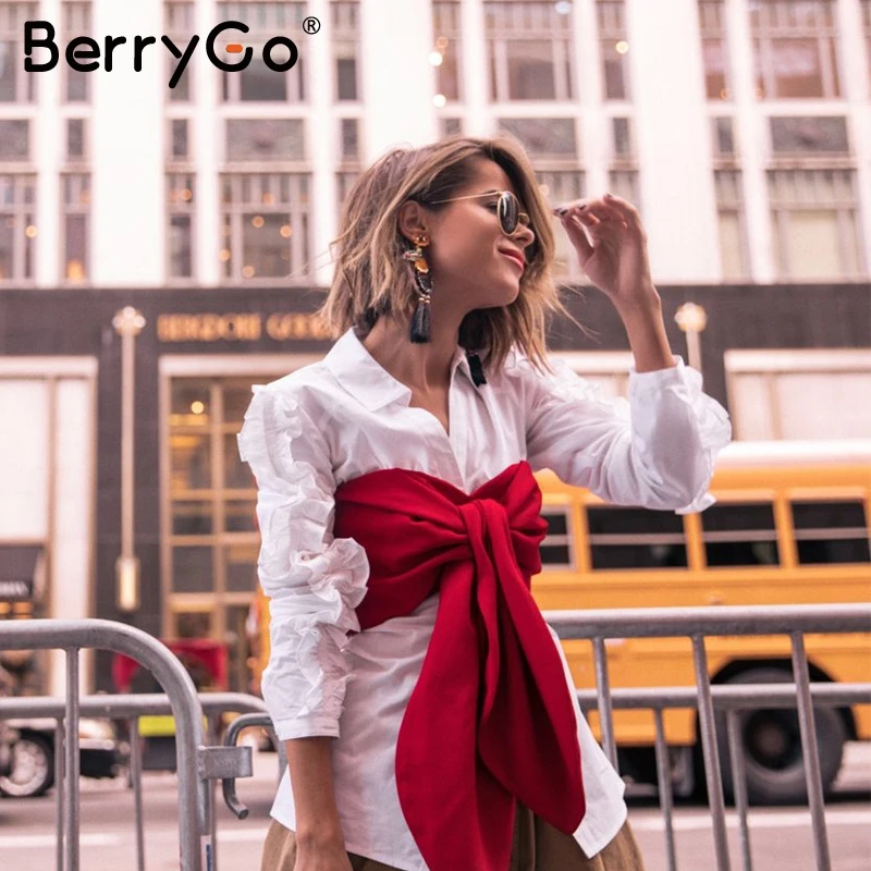 Berrygo оборками Длинные рукава белая блузка Женская Весенняя Кнопка V шеи офис