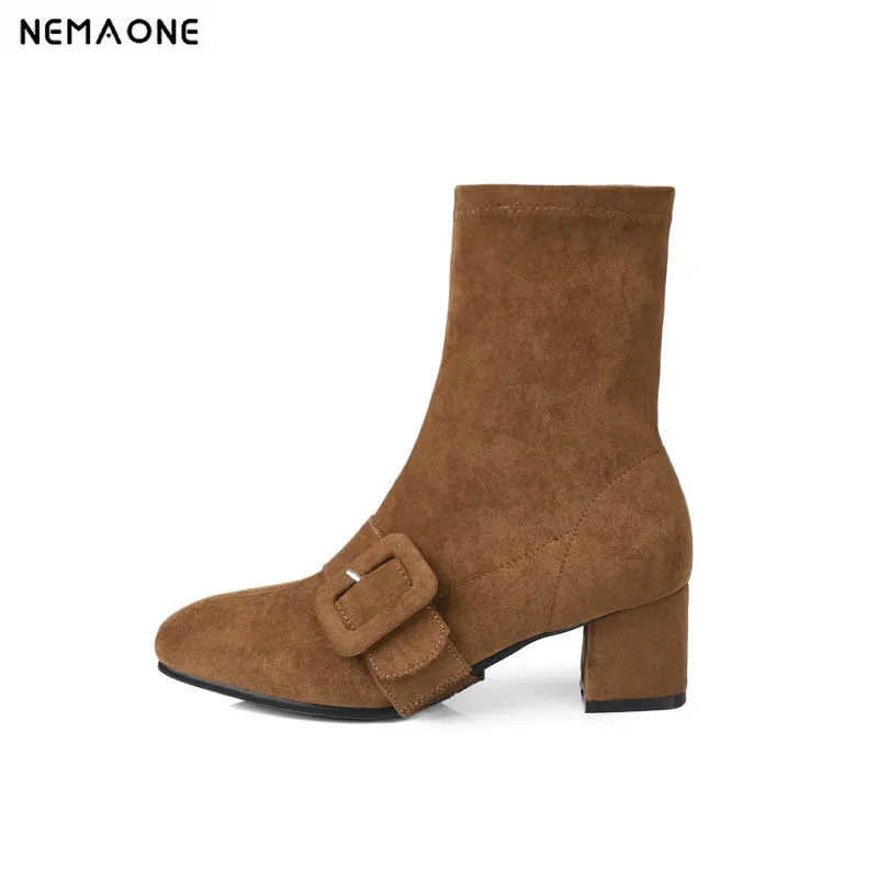

NEMAONE Women's buckle Ankle Boots 5cm High square Heels Ladies Boots Winter Woman Shoes gray brown Black Plus Size 43