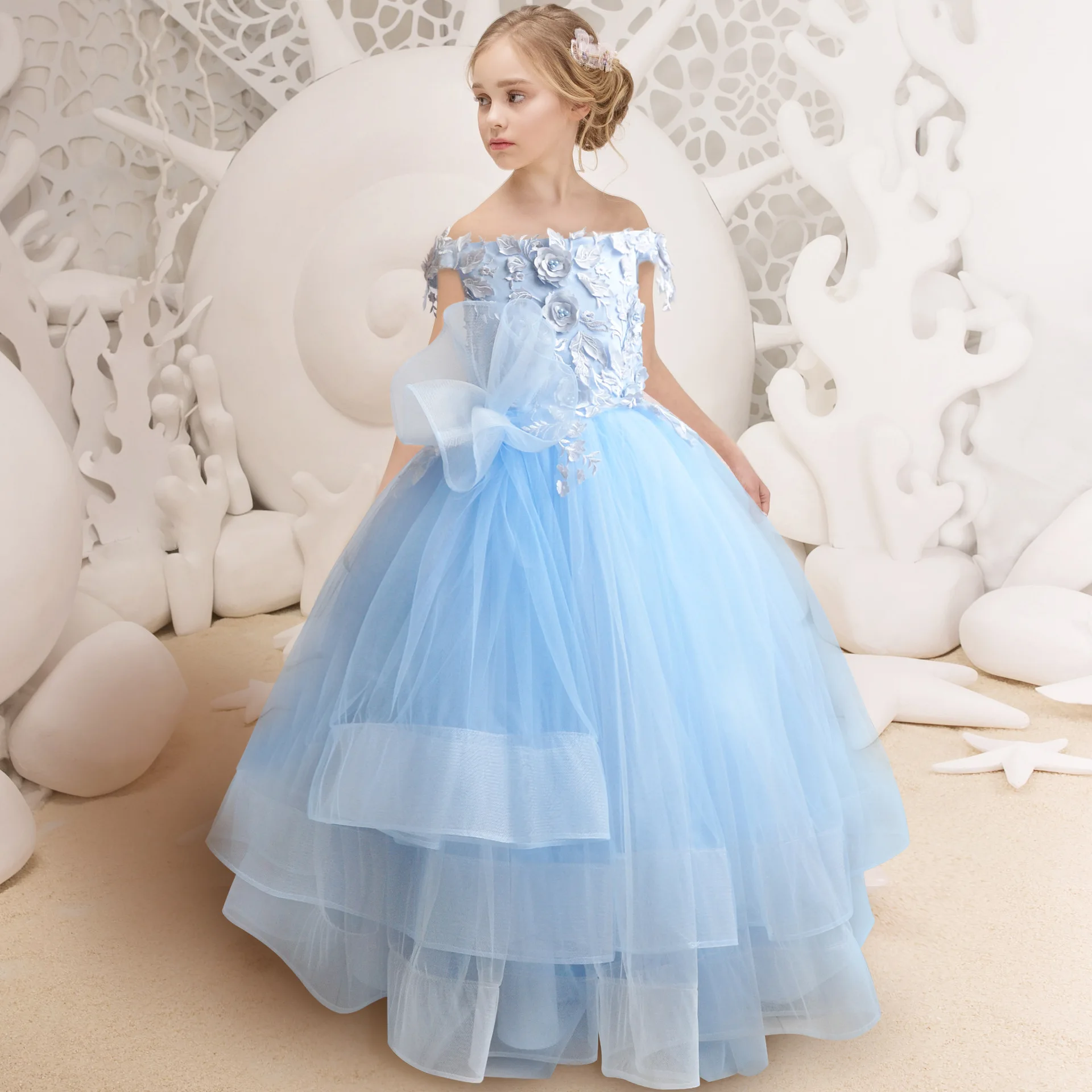 

POSH DREAM Children Princess Dress Flower Girl Wedding Evening Dress Girl Fluffy Blue Cinderella Cosplay Party Costume