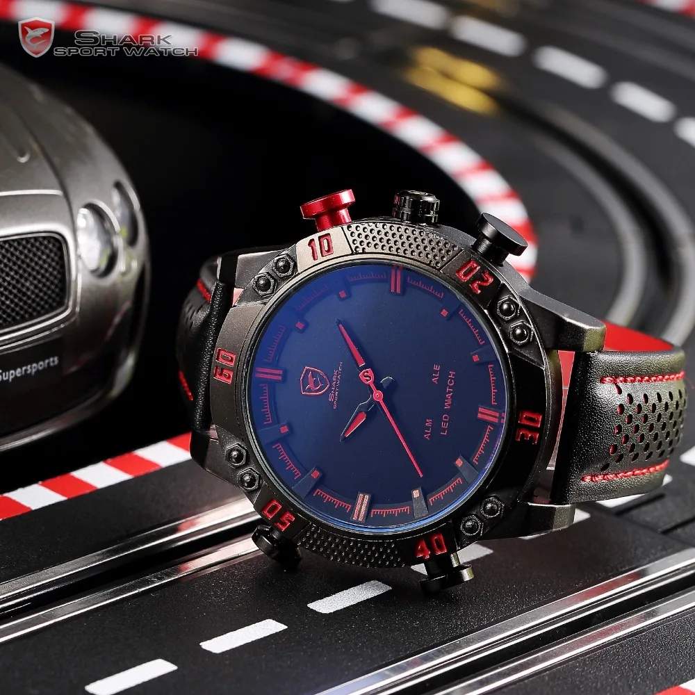 Kitefin Shark Sport Watch Brand Mens Military Quartz Red LED Hour Analog Digital Date Alarm Leather Wrist Watches Relogio /SH261