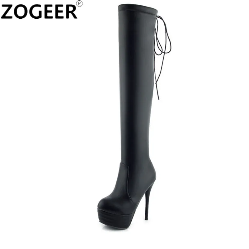 

Plus Size 46 Fashion Platform Over The Knee Boots High Heels Round Toe Thigh High Long Boots Sexy Party Ladies Shoes Black White
