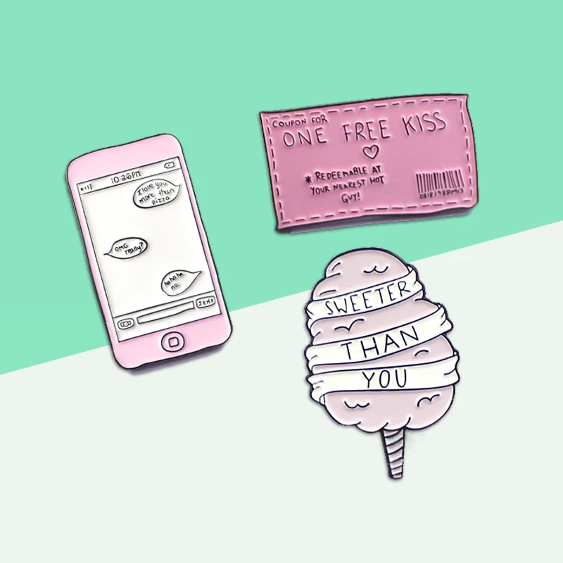 

Pink Lovely Sweeter Than You Mobile Chat Message Cotton Candy Ticket Free Kiss Mental Badge Gentle Lapel Collar Pins Gift For Lo