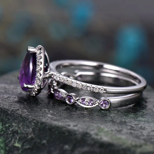 Boho женский фиолетовый кольцо-капля Модный комплект серебро 925 милое обручальное кольцо Винтаж CZ обручальные кольца для Для женщин