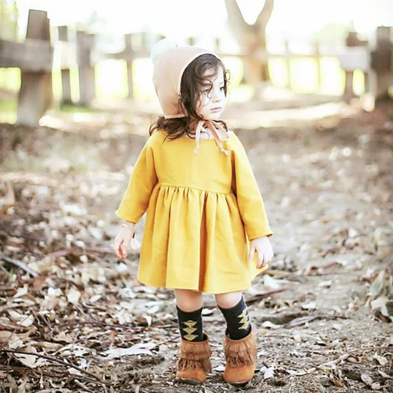 

2019 Autumn girls dresses Cute long sleeve solid baby clothing Birthday party color cotton kids colthes for children costume