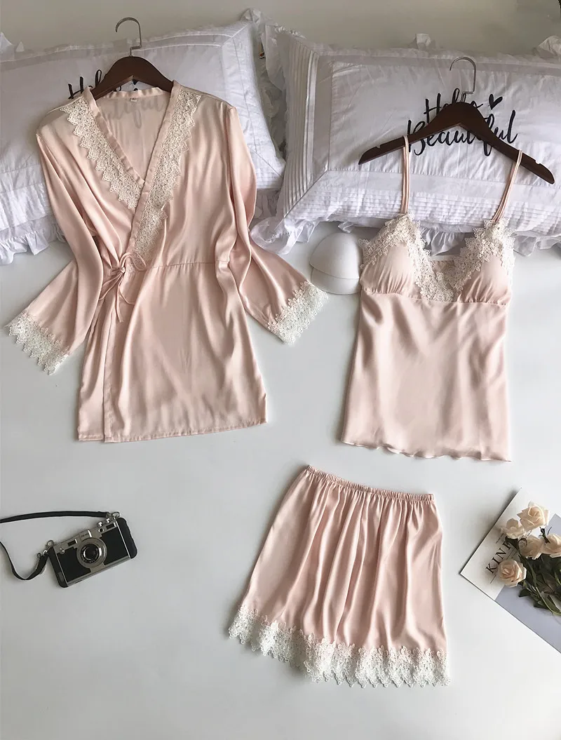 Queenral 3PCS Women's Pajamas Sets Sexy Silk Satin Pyjama Set Sleepwear Spring Home Wear Nightwear Female Sleep Lounge Pijama 
