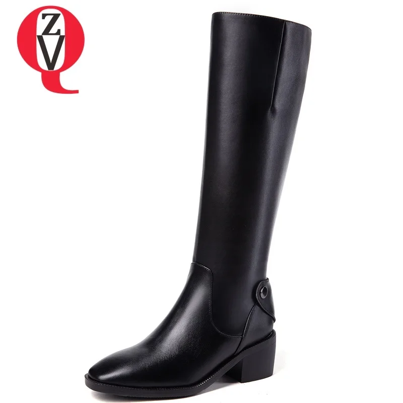 

ZVQ women shoes 2018 new concise casual genuine leather square toe zip med square heel black winter knee high boots size 33-43