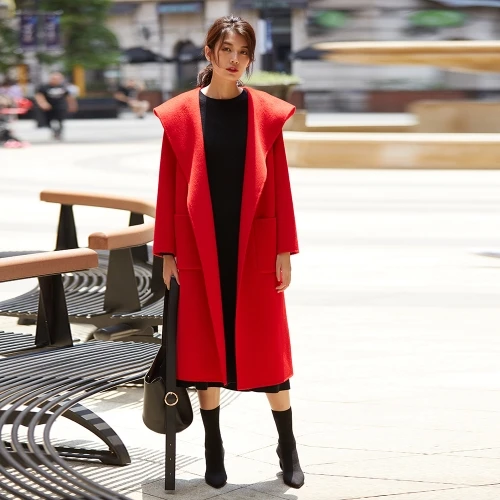 IRINAW912, Новое поступление, зима, повседневное, с капюшоном, свободное, длинное, Отбеленное, ручная работа, двустороннее шерстяное пальто для женщин - Цвет: Красный