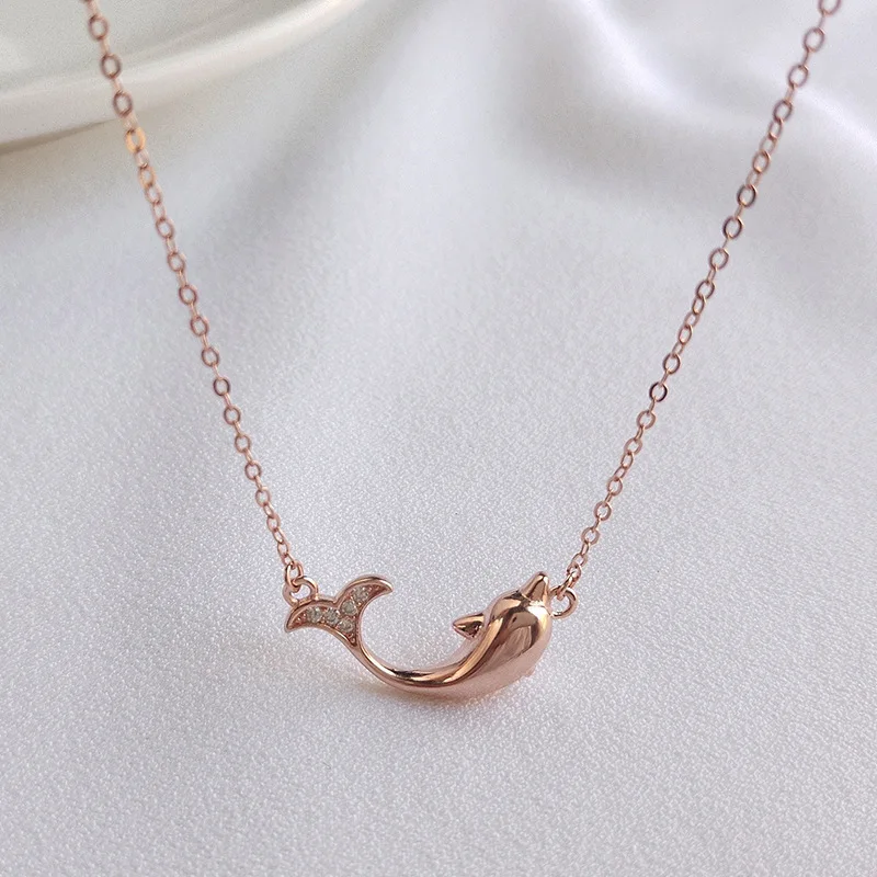

Fengxiaoling New Fashion 925 Sterling Silver Cute Dolphin Statement Necklace Cubic Zirconia Whale Pendant Necklaces