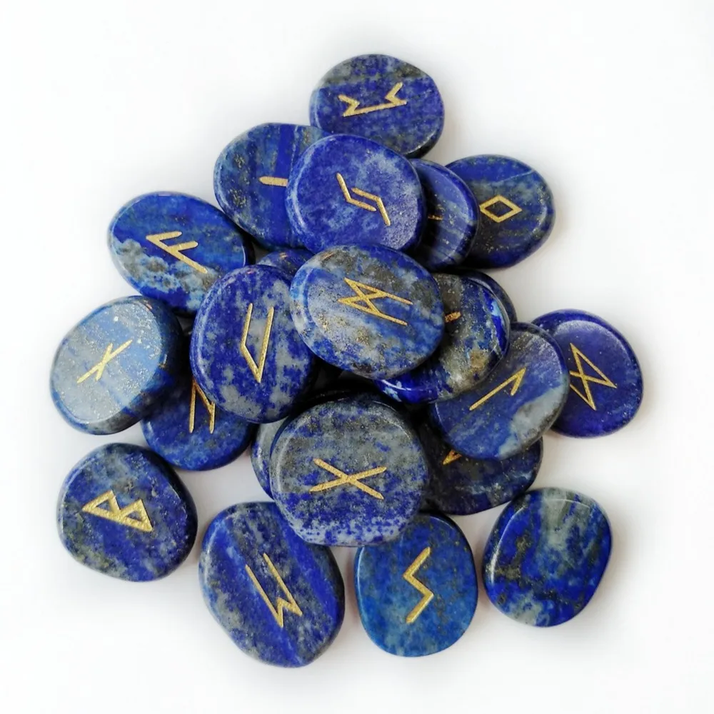 Натуральный Лапис лазурит Руна викингов набор камней резные символы гадания камни амулет 25 шт. и мешочек