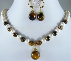

A0503 bridal colors White Grey Pearl green jade Tiger's Eye Necklace Earring Set Wholesale Plated gold Jewelry silver hook (0430