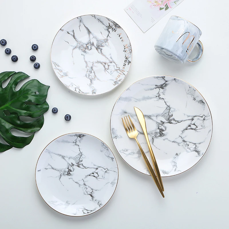 European Style Marble Plates Ceramic Dinner Plate Gold Inlay Porcelain Tableware