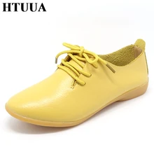 HTUUA Genuine Leather Oxford Shoes For Women Round Toe Lace-Up Casual Shoes Spring And Autumn Flat Loafers Shoes 35-44 SX018