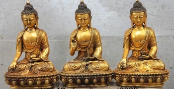 

Tibet Buddhism Bronze Copper Dragon Lotus Pagoda Three Sakyamuni Buddha Statue