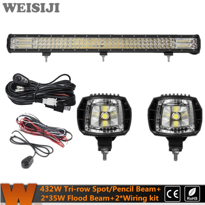 

WEISIJI New Tri-row 432W LED Offroad Light Bar+2Pcs 35W Flood Beam LED Work Light+2Pcs Wiring Kit Set for Jeep Truck SUV ATV UTV